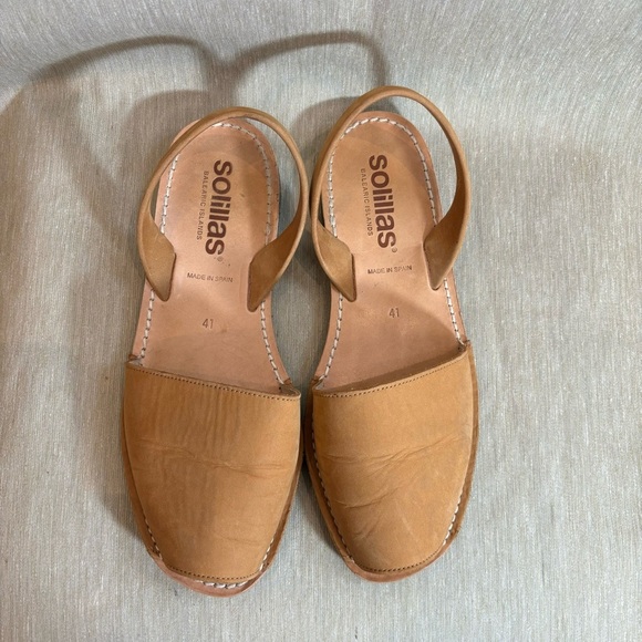 SOLILLAS Sz 41 Leather Avarca Menorca Slip On Slides Flats Tan Peep Toe Sandals - Picture 4 of 12